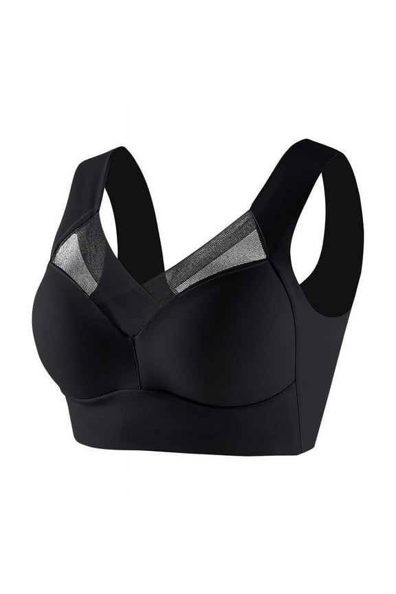 Wide Straps Lace Gathering Vest Bra with Thin Side Collection Wire Free Mesh Breathable Sport Underwear Shock-proof Vest Bra Black XXL