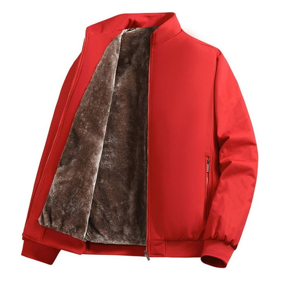 HOOMEUMY Winter Jackets for Men Solid Color Thick Warm Fleece Jacket Long Sleeve Stand Up Collar Zipper Coats Windproof Outerwear (Red,XL）
