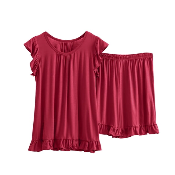 HOOMEUMY Women's 2 Piece Lounge Sets Casual Comfy Lounge Sleep Outfits Fashion Summer Shorts Elastic High Waist Shorts and Cap Sleeve Tops Ruffle Hem Solid Color Sleepwear Sets Cozy Pajamas Sets