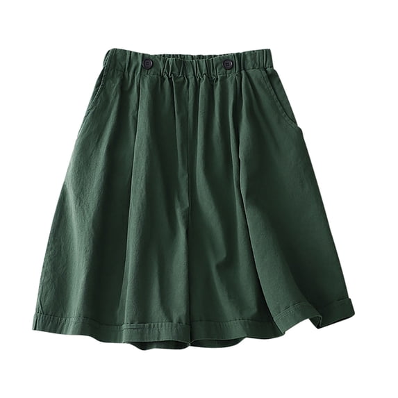 HOOMEUMY Women's Cotton Lien Shorts Casual Solid Color Frayed Hem Loungewear Fashion Summer Shorts Elastic High Waist Hiking Comfy Beach Shorts Oversize Wide Leg Knee Length Bermuda Shorts