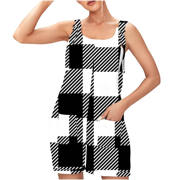 HOOMEUMY Women's Shorts Rompers Fashion Summer Shorts Shorts Jumpsuit Casual Regular Fit Sleeveless Bib Overall Wide Leg Dressy Outfit Scoop Neck Rompers Plaid Adjustable Knot Straps Outfits