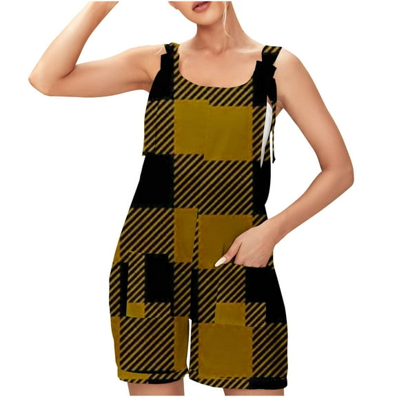 HOOMEUMY Women's Shorts Rompers Wide Leg Dressy Outfit Shorts Jumpsuit Casual Regular Fit Sleeveless Bib Overall Fashion Summer Shorts Scoop Neck Rompers Adjustable Knot Straps Outfits Plaid