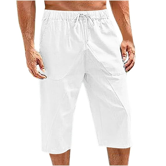 HOOMEUMY Men's Linen Elastic Waist Baggy Knee Length Shorts with Pockets Solid Color Loose Fit Summer Beach Shorts White L