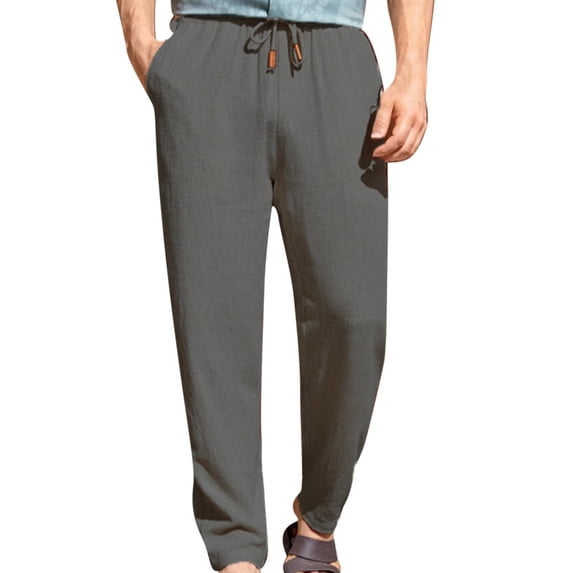 HOOMEUMY Men's Linen Jogger Pants with Pockets Drawstring Elastic Waist Loose Fit Summer Beach Long Trousers Gray XXXXL