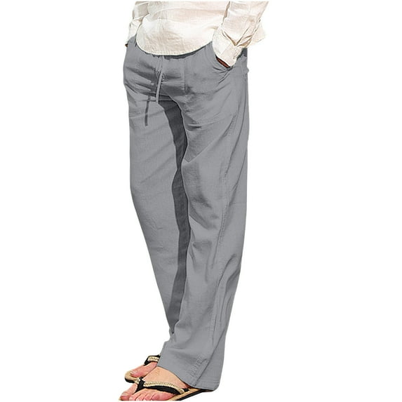 HOOMEUMY Men's Linen Long Pants Loose Fit Cotton Trousers with Pockets Drawstring Elastic Waist Summer Beach Straight Leg Capri Pants Gray XXL