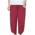 thumbnail image 1 of HOOMEUMY Men's Pants Drawstring Elastic Waist Linen Cotton Baggy 3/4 Capri Trousers Loose Fit Casual Pants with Pockets Red XXXXXL, 1 of 5