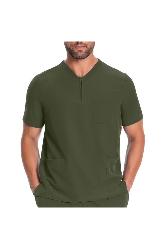 Men's Solid Color Short Sleeve V-Neck Half Zip Top Medical Uniform With Multi Pockets For Work Hospital Clinic & Daily Wear Green L