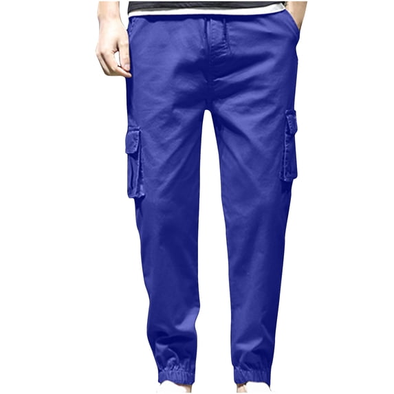 HOOMEUMY Men's Straight Fit Cargo Pants Solid Joggers Multi-Pockets Drawstring Stretch Comfort Trousers Tapered Ankle Length Pants Blue XXXXL
