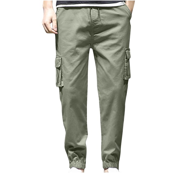HOOMEUMY Men's Straight Fit Cargo Pants Solid Joggers Multi-Pockets Drawstring Stretch Comfort Trousers Tapered Ankle Length Pants Green XXXL