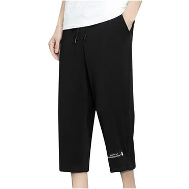 HOOMEUMY Men's Summer Capri Pants Drawstring Quick Dry Breathable Solid Color Lightweight Elastic Waist with Pockets Black XXXXXL