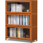 HOOMHIBIU Bamboo 3-Tier Display Case Bookcase with Clear Acrylic Flip-Up Doors  Wide Brown Kitchen Cabinet  Pantry Cabinet Showcase  Cabinet Organizer - 31.1" L x 12.6" W x 41.7&#