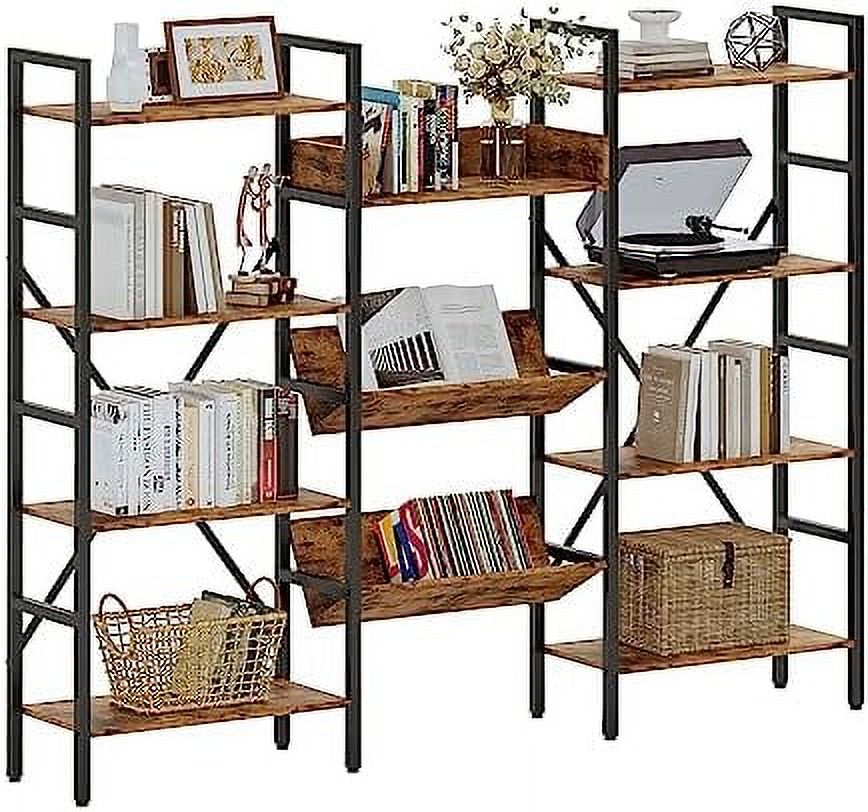 GEROBOOM and Bookshelves Triple Wide 4 Tiers Industrial Bookshelf Large Etagere Bookshelf Open