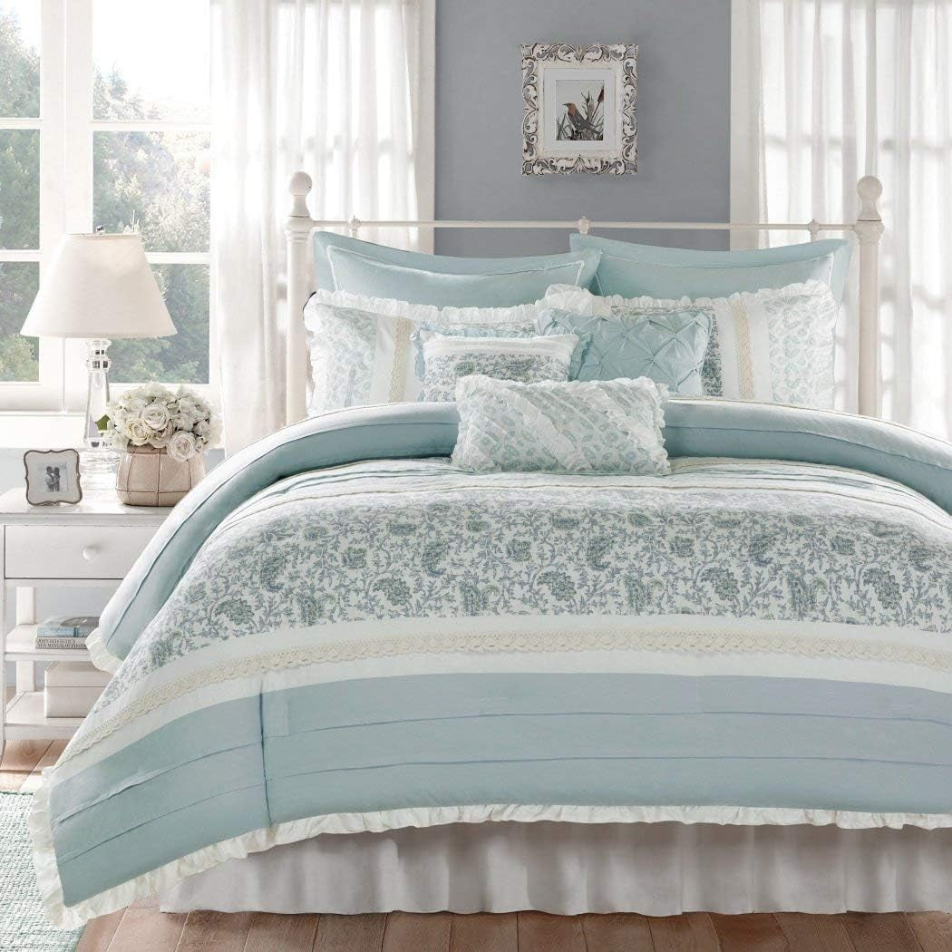 HOOMHIBIU D&H 9 Piece Periwinkle Blue Green Paisley Comforter Queen Set ...