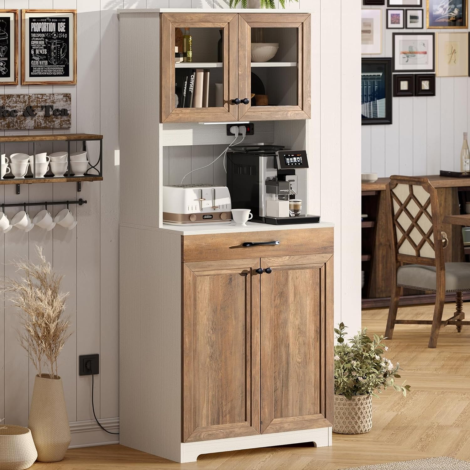 HOOMHIBIU Kitchen Pantry Farmhouse Sideboard Buffet with Charging Station and
