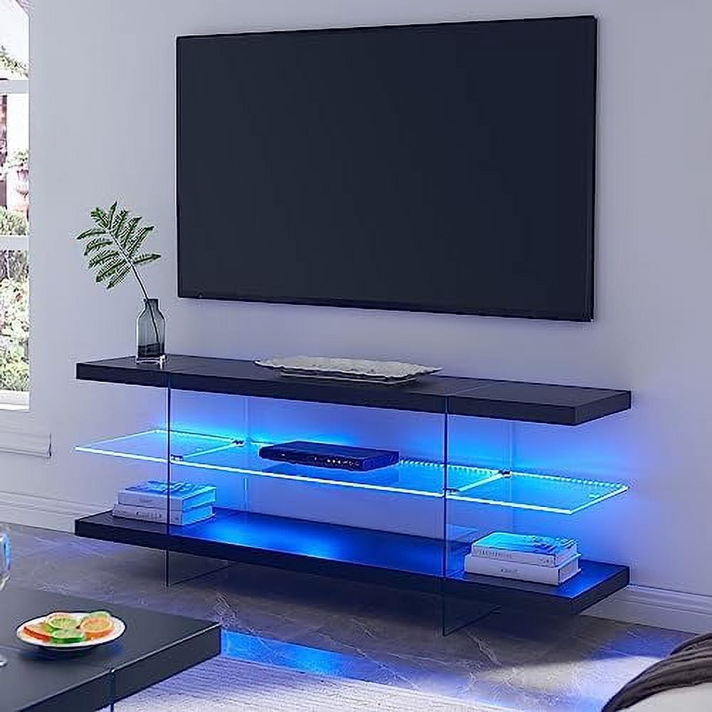 HOOMHIBIU Modern TV Stand for 75 Inch TV Tempered Glass and Wood Entertainment Center with RGB