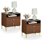 HOOMHIBIU Nightstands Set of 2 with Wireless Charging  Wooden Night Stands 2 Sets with Drawers and Open   End Table Home Bedside Table for Bedroom (Brown 2 Sets)