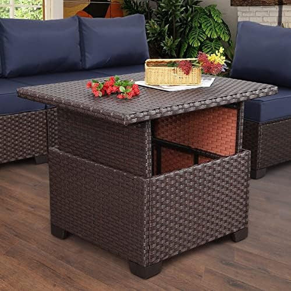 HOOMHIBIU Patio Rattan Coffee Table with Hidden Wicker Liftable Dinning