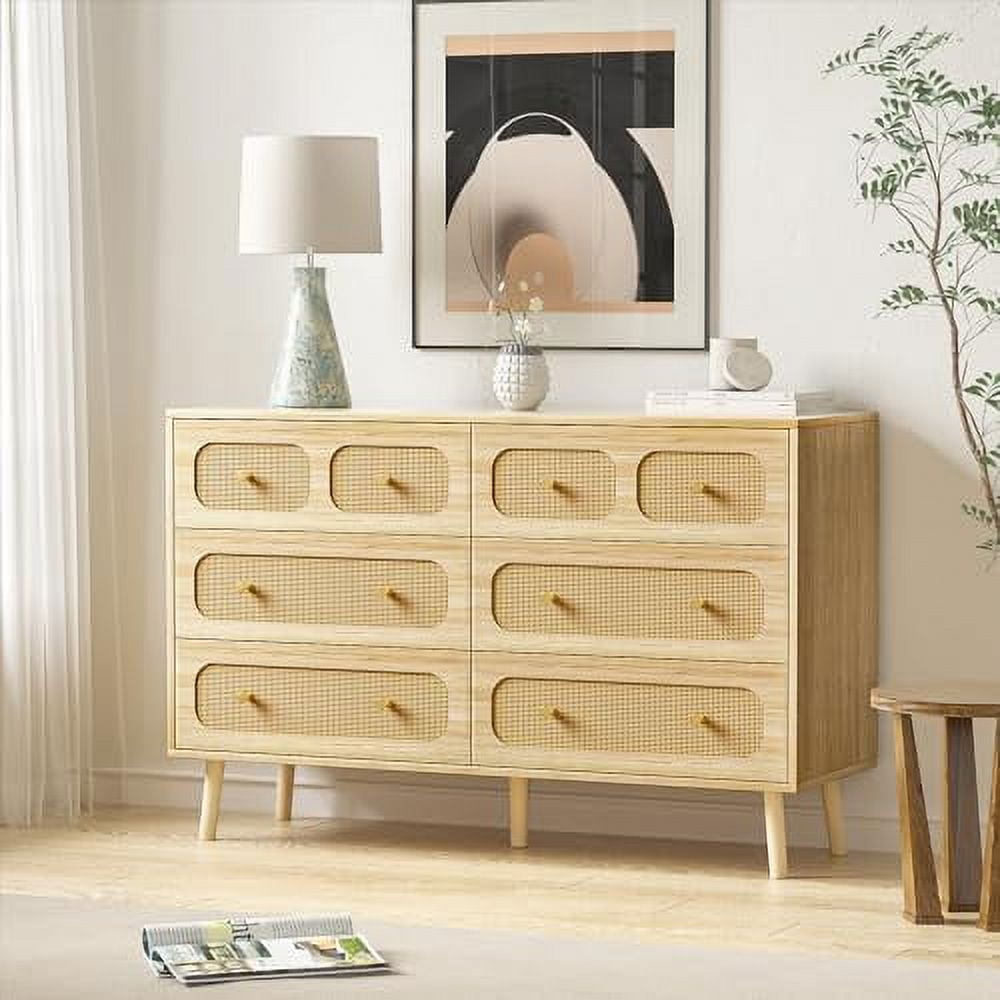 Hoomhibiu Rattan Dresser For Bedroom Modern Drawer Double Dresser With Black Handles Wood