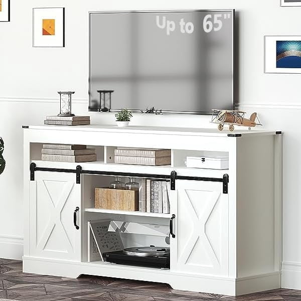 HOOMHIBIU White Farmhouse TV Stand Sliding Barn Door TV Stand for TVs