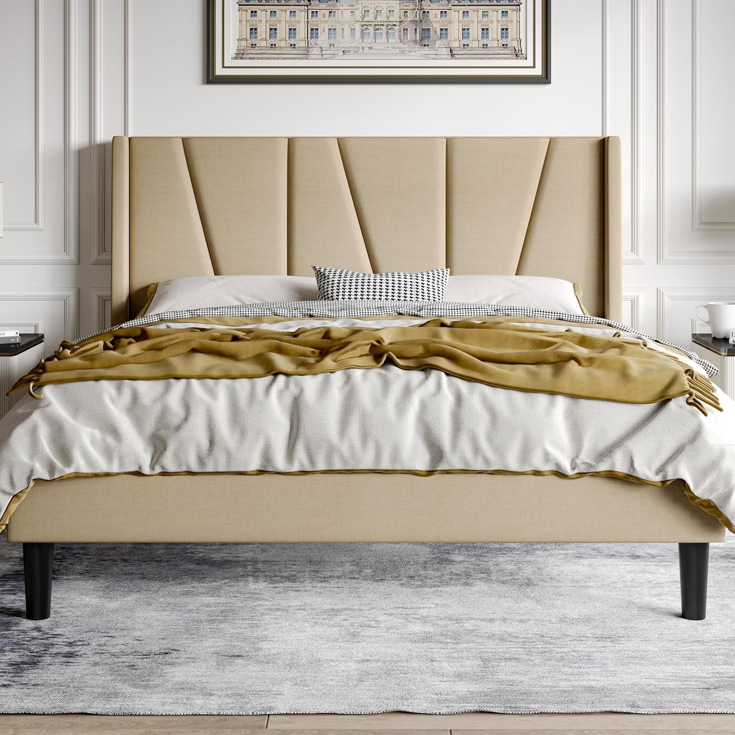 HOOMIC Queen Size Bed Frame with Geometric Wingback Headboard, Wooden ...