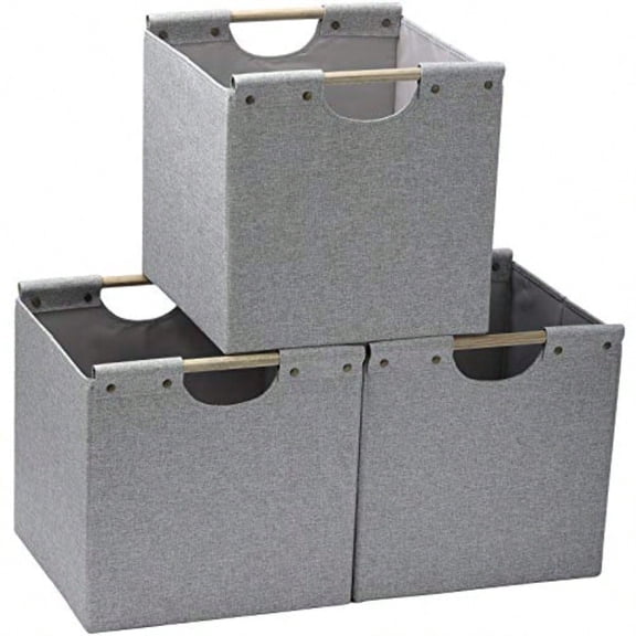 HOONEX Collapsible Storage Bins 12x12x12in Storage Cubes Linen Fabric 3 Pack Storage Baskets with Wooden Carry Handles and Sturdy Heavy Cardboard for Home Office Car Nursery Light Grey