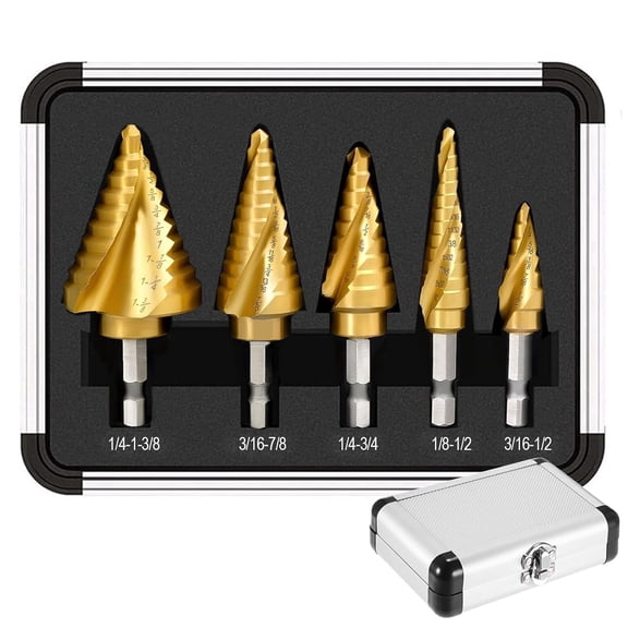HOONGKAI 5-Piece Titanium Step Drill Bit Set With Box 1/4 Inch to 1 3/8 Inches High-Speed Alloy-Steel Bit for Wood and Metal