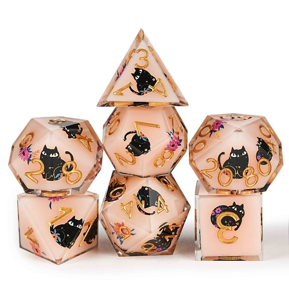 HOONGKAI DND Dice Set,7Pcs,Cute Cat & Flowers Style Polyhedral Resin Dice Set with Gift Box,Cat Dice for Dungeons and Dragons D&D RPG MTG Table Games for 5 Years & up, All Ages