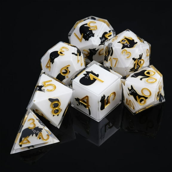 HOONGKAI DND Dice Set,7Pcs,White Cat Polyhedral Resin Dice Set with Gift Box,Cat Dice for Dungeons and Dragons D&D RPG MTG Table Games for 5 Years & up, All Ages