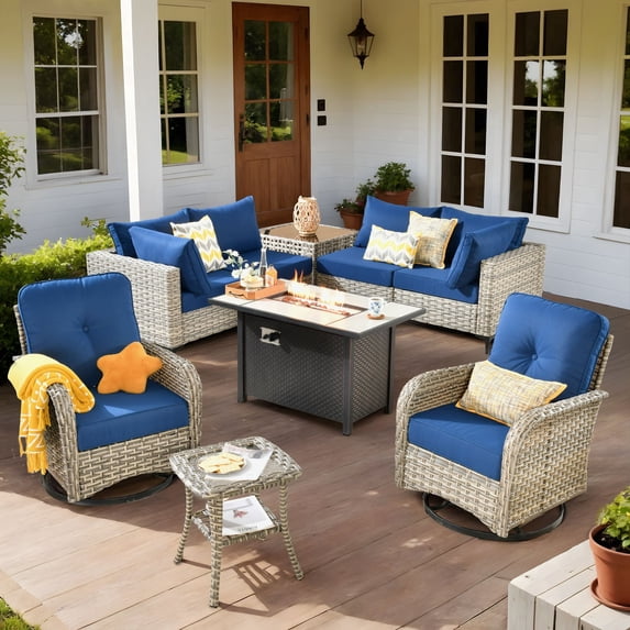 XIZZI 9-Piece Outdoor Patio Furniture Set, High Back Wicker Sectional with Fire Pit Table & Swivel Rocking Chairs, All-Weather Rattan Conversation Set for Patio & Garden, Navy Blue