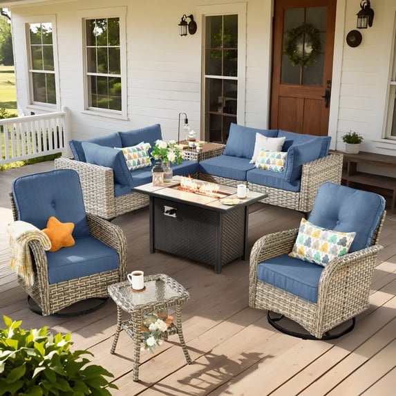 XIZZI 9-Piece Outdoor Patio Furniture Set, High Back Wicker Sectional with Fire Pit Table & Swivel Rocking Chairs, All-Weather Rattan Conversation Set for Patio & Garden, Diamond Blue