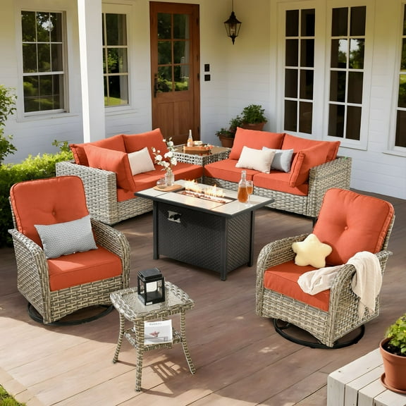 HOOOWOO 9-Piece Outdoor Patio Furniture Set, High Back Wicker Sectional with Fire Pit Table & Swivel Rocking Chairs, All-Weather Rattan Conversation Set for Patio & Garden, Coarse Orange Red
