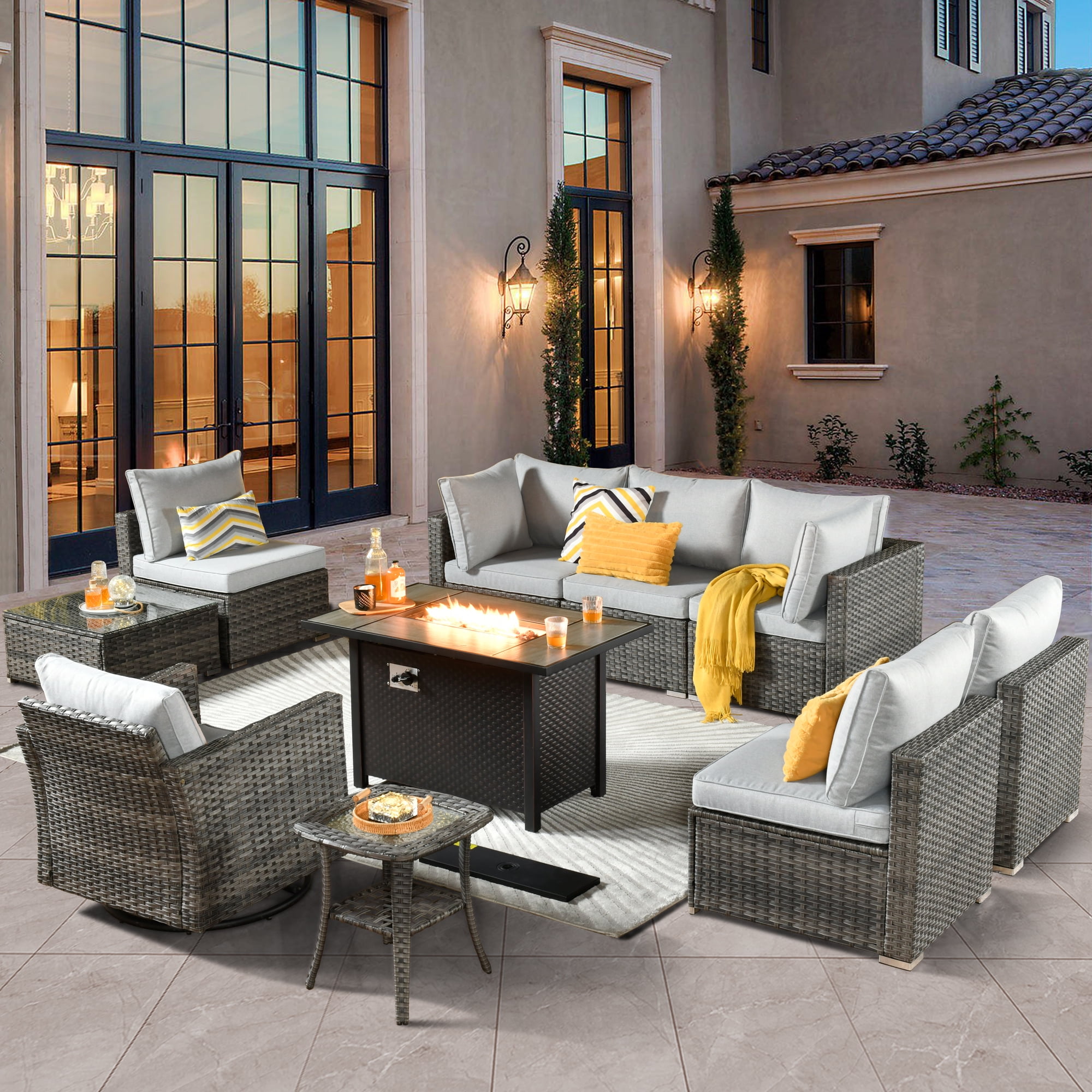HOOOWOOO 10 PCS Outdoor Patio Furniture Set Wicker Patio Furniture with Fire Pit and Swivel Rocker Grey