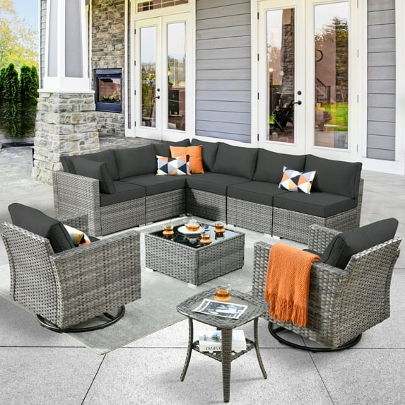HOOOWOOO 10-Piece Patio Wicker Rattan Funiture Conversation Set Deep Seat Outdoor Set with Rocking Chair,Black