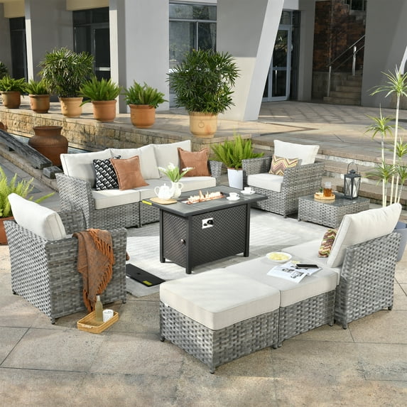XIZZI 10 Pieces Outdoor Conversation Set Wicker Patio Furniture Set with Fire Pit Table,Beige Stripe