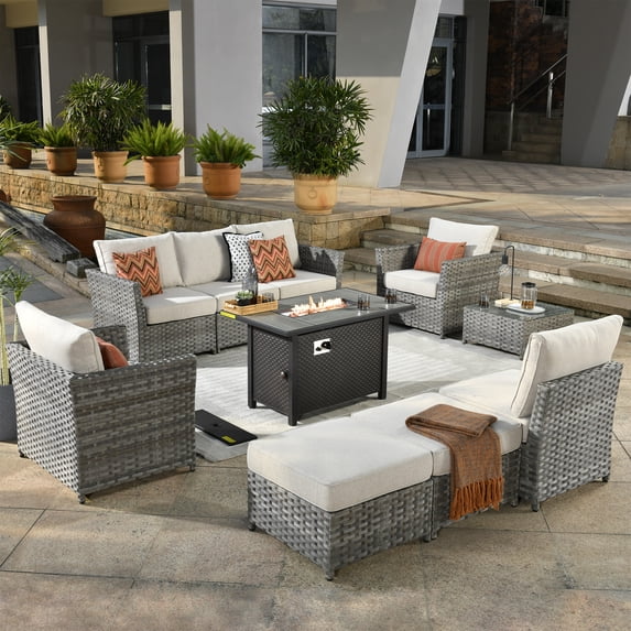 XIZZI 10 Pieces Outdoor Conversation Set Wicker Patio Furniture Set with Fire Pit Table,Beige