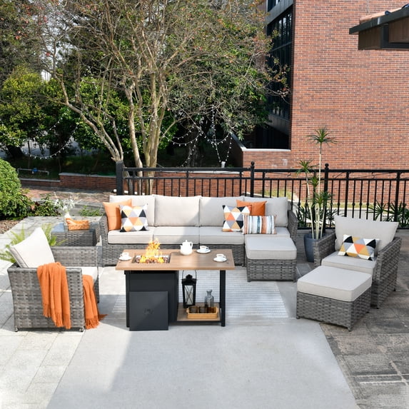 XIZZI 10 Pieces Outdoor Conversation Set Wicker Patio Furniture Set with Fire Pit Table,Beige
