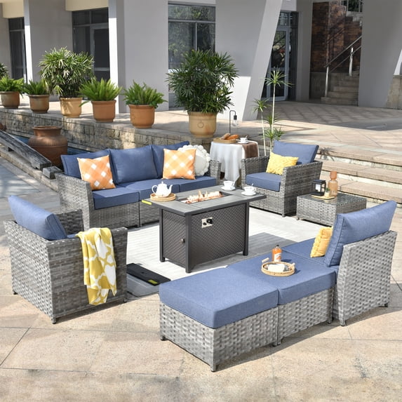 XIZZI 10 Pieces Outdoor Conversation Set Wicker Patio Furniture Set with Fire Pit Table,Bright Blue