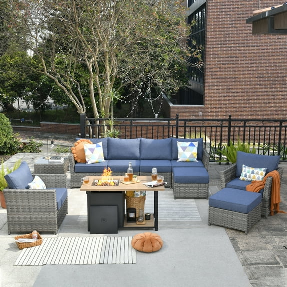 XIZZI 10 Pieces Outdoor Conversation Set Wicker Patio Furniture Set with Fire Pit Table,Bright Blue