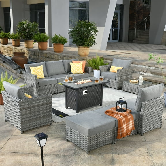 XIZZI 10 Pieces Outdoor Conversation Set Wicker Patio Furniture Set with Fire Pit Table,Grey
