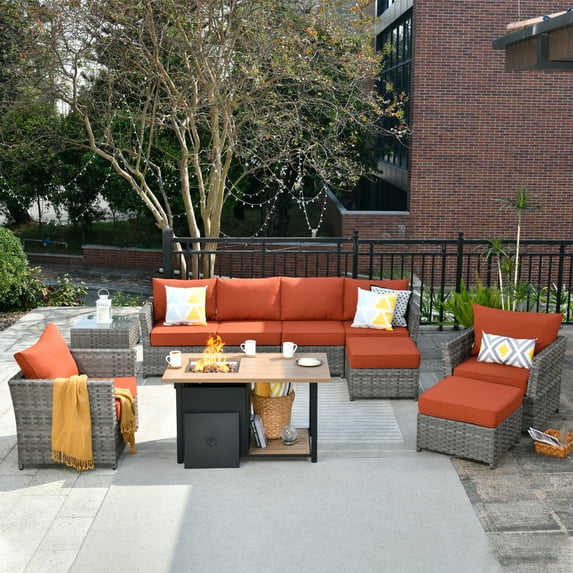 XIZZI 10 Pieces Outdoor Conversation Set Wicker Patio Furniture Set with Fire Pit Table,Orange