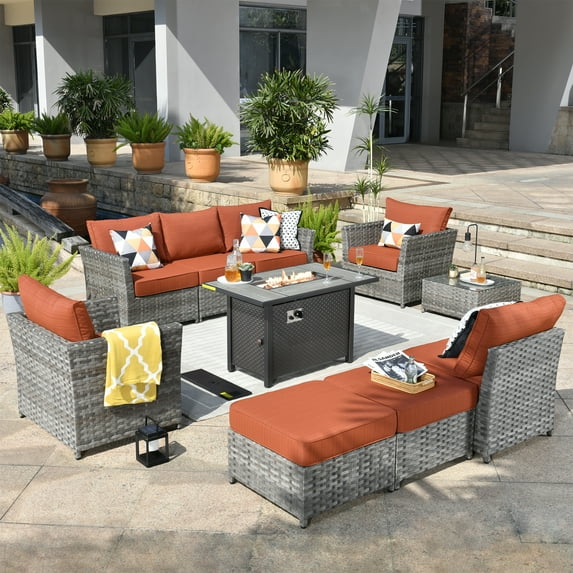 XIZZI 10 Pieces Outdoor Conversation Set Wicker Patio Furniture Set with Fire Pit Table,Orange