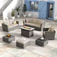 thumbnail image 1 of XIZZI 10PCS Patio PE Rattan Outdoor Furniture Set w/ Rectangle Fire Pit,Beige Stripe Cushion, 1 of 13