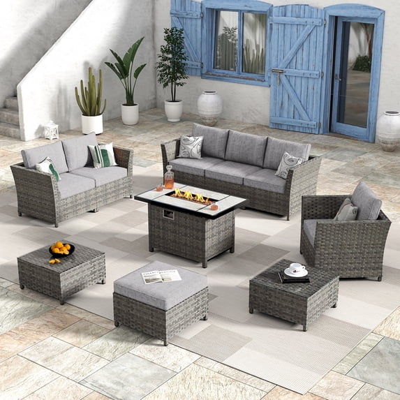 XIZZI 10PCS Patio PE Rattan Outdoor Furniture Set w/ Rectangle Fire Pit,Gray Cushion