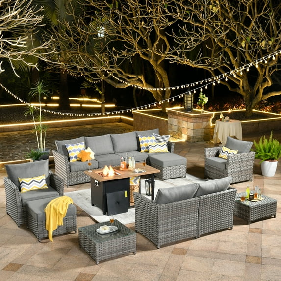 XIZZI 13 PCS Outdoor Wicker Patio Set Furniture Conversation Set with Fire Pit Table,Grey