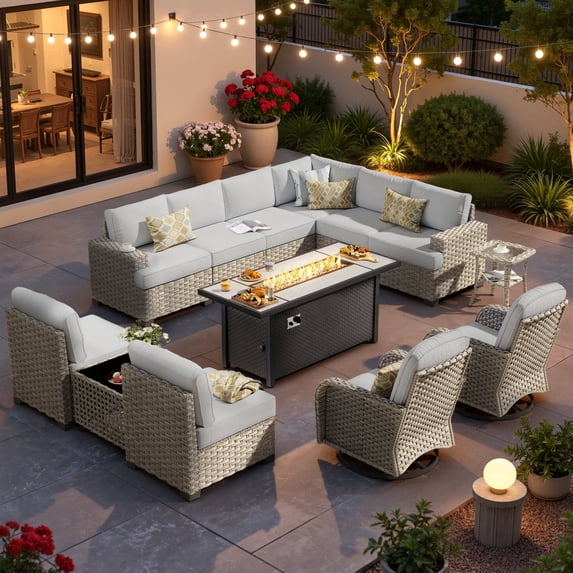 XIZZI 13-Piece Outdoor Furniture Patio Set with Fire Pit Table Swivel Rocking Chair, Wicker Outdoor Sectional Sofa Conversation Set with Solar Coffee Table for Patio, Garden, Large Villa, Light Gray