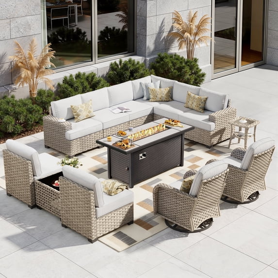 XIZZI Outdoor Furniture Patio Set with Fire Pit Table Swivel Rocking Chair, Wicker Outdoor Sectional Sofa Conversation Set with Solar Coffee Table for Patio, Garden, Large Villa, Light Gray