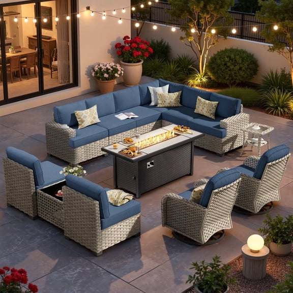 XIZZI Outdoor Furniture Patio Set with Fire Pit Table Swivel Rocking Chair, Wicker Outdoor Sectional Sofa Conversation Set with Solar Coffee Table for Patio, Garden, Large Villa,Denim Blue