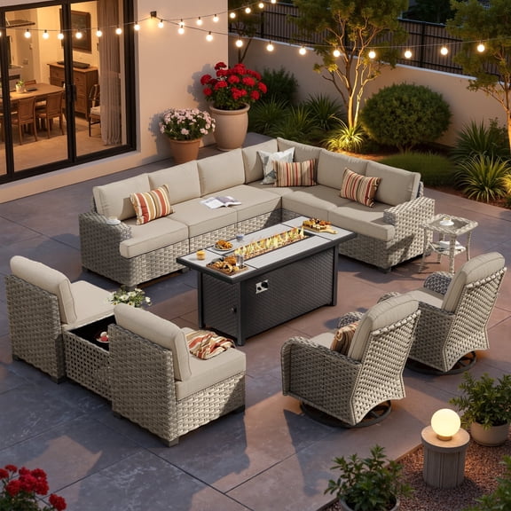 XIZZI 13-Piece Outdoor Furniture Patio Set with Fire Pit Table Swivel Rocking Chair, Wicker Outdoor Sectional Sofa Conversation Set with Solar Coffee Table for Patio, Garden, Large Villa, Beige