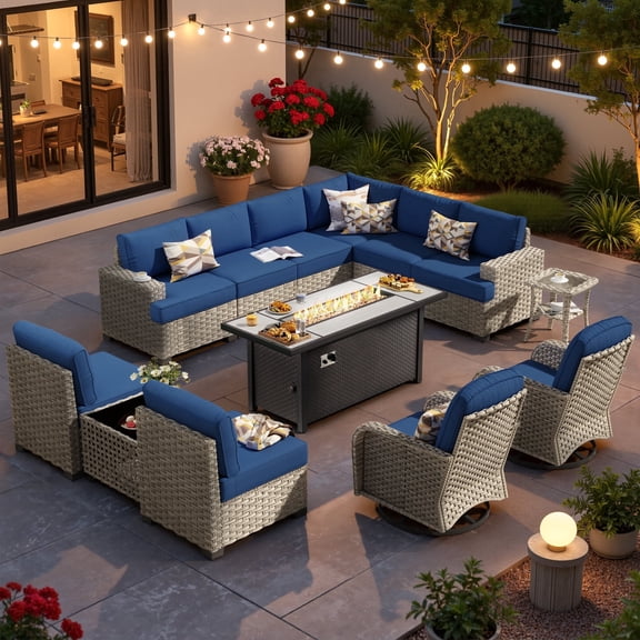 XIZZI 13-Piece Outdoor Furniture Patio Set with Fire Pit Table and Swivel Rocking Chair, Wicker Outdoor Sectional Sofa Conversation Set with Solar Coffee Table for Patio, Garden, Large Villa, Blue