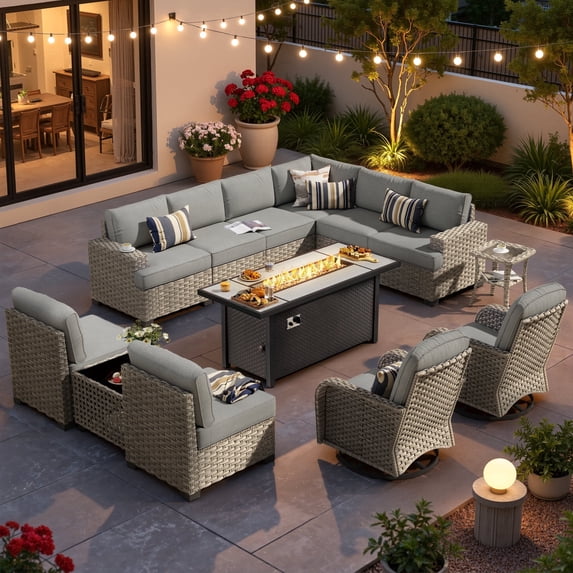 XIZZI Outdoor Furniture Patio Set with Fire Pit Table Swivel Rocking Chair, Wicker Outdoor Sectional Sofa Conversation Set with Solar Coffee Table for Patio, Garden, Large Villa, Gray